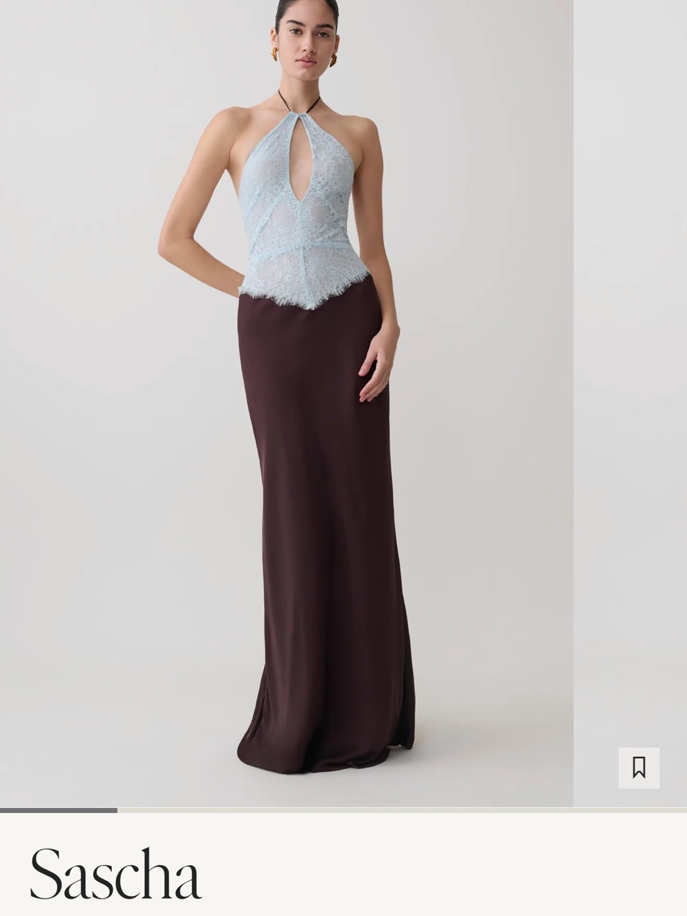 Meshki Two-Tone Halter Lace Bodice Maxi Dress — Light Blue & Brown
